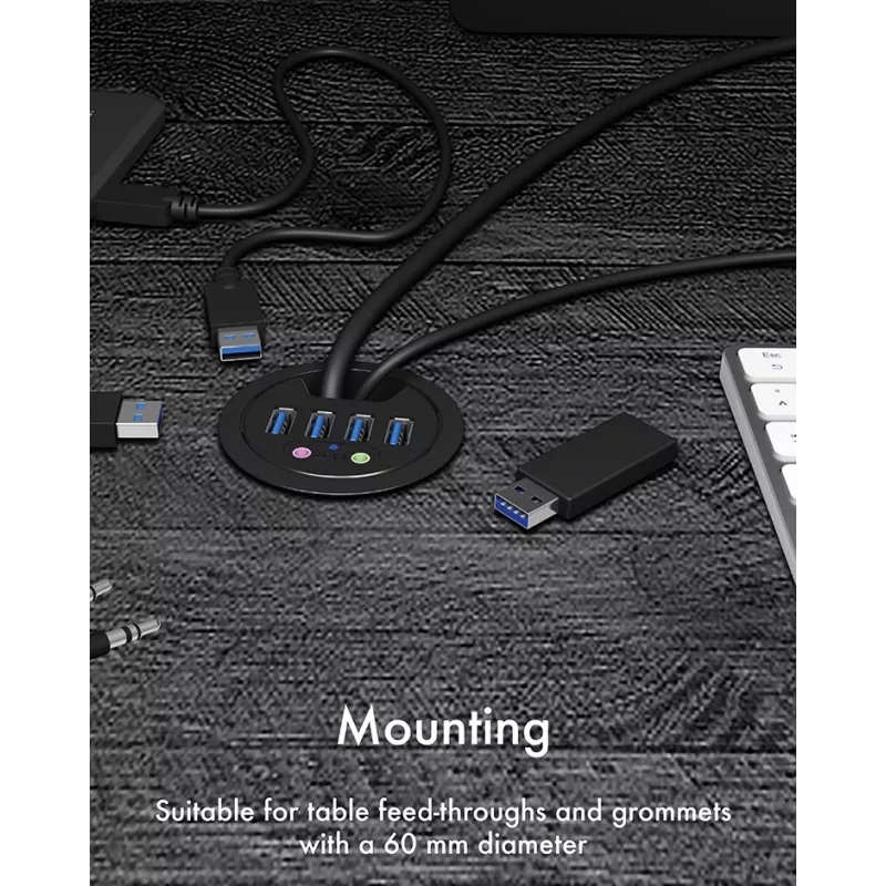ICY BOX IB-HUB1403A USB 3.0 stotelė su garso jungtimis, juoda