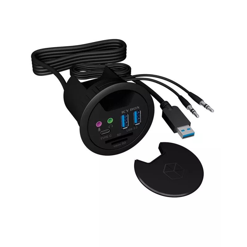 ICY BOX IB-HUB1404A USB 3.0 stotelė su kortelių skaitytuvu ir garso jungtimis, juoda