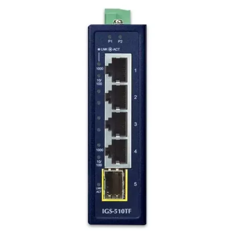 Nevaldomas Gigabit Ethernet komutatorius PLANET IGS-510TF — 4 x 10/100/1000 Mbps, 10 Gbit/s perjungimas, 9–48V DC, montuojamas ant sienos