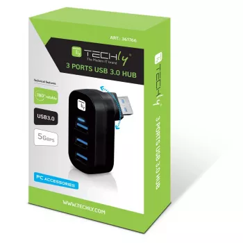 Techly IUSB3-HUB3-ROTB USB 3.2 Gen 1 šakotuvas, 3x Type-A, 5000 Mbit/s, juodas