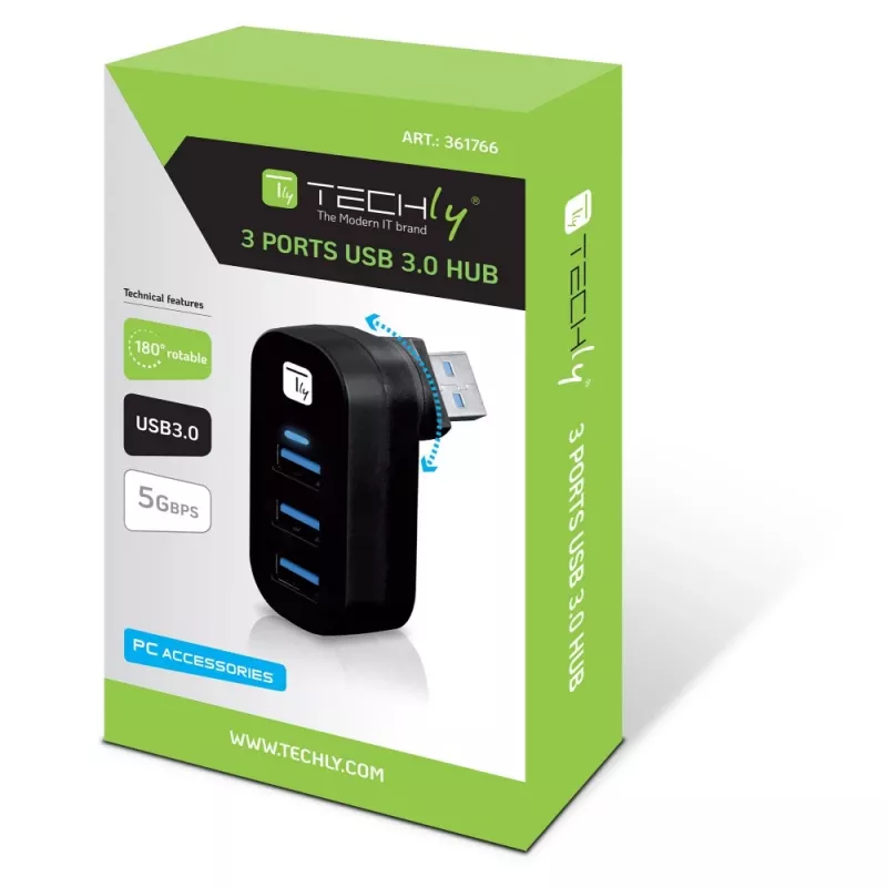 Techly IUSB3-HUB3-ROTB USB 3.2 Gen 1 šakotuvas, 3x Type-A, 5000 Mbit/s, juodas