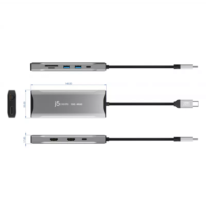 j5create JCD397-N 4K60 Elite USB-C kelių monitorių mini dokas, laidinis, USB 3.2 Gen 1