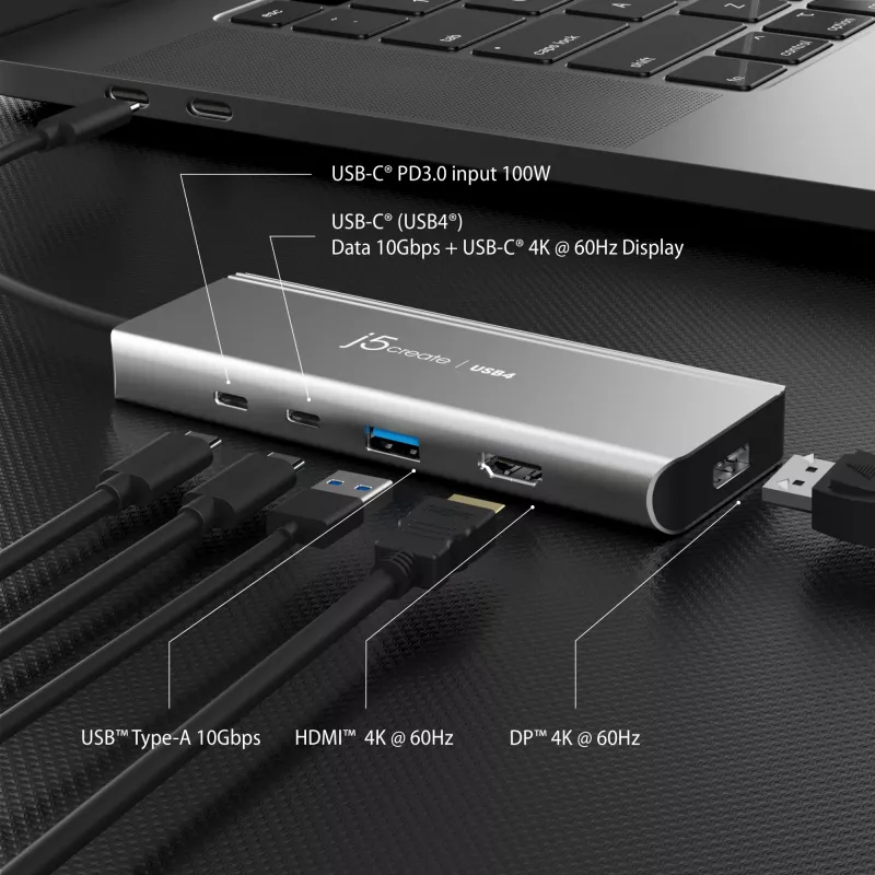 USB centrinis įrenginys j5create JCD401 Dual 4K Multi-Port Hub sidabrinis, laidinis USB 3.2 Gen 2
