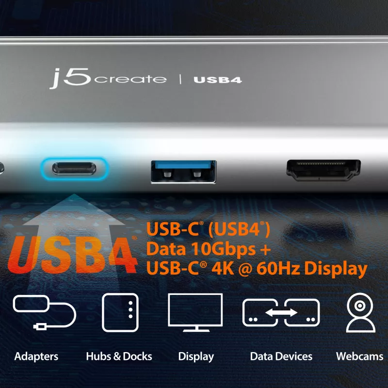 USB centrinis įrenginys j5create JCD401 Dual 4K Multi-Port Hub sidabrinis, laidinis USB 3.2 Gen 2