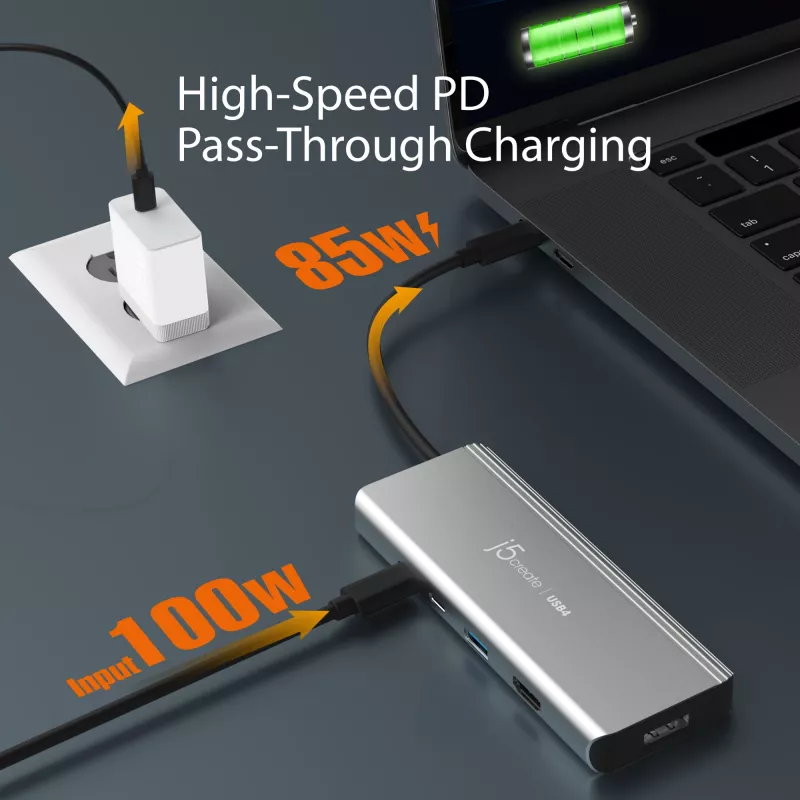 USB centrinis įrenginys j5create JCD401 Dual 4K Multi-Port Hub sidabrinis, laidinis USB 3.2 Gen 2
