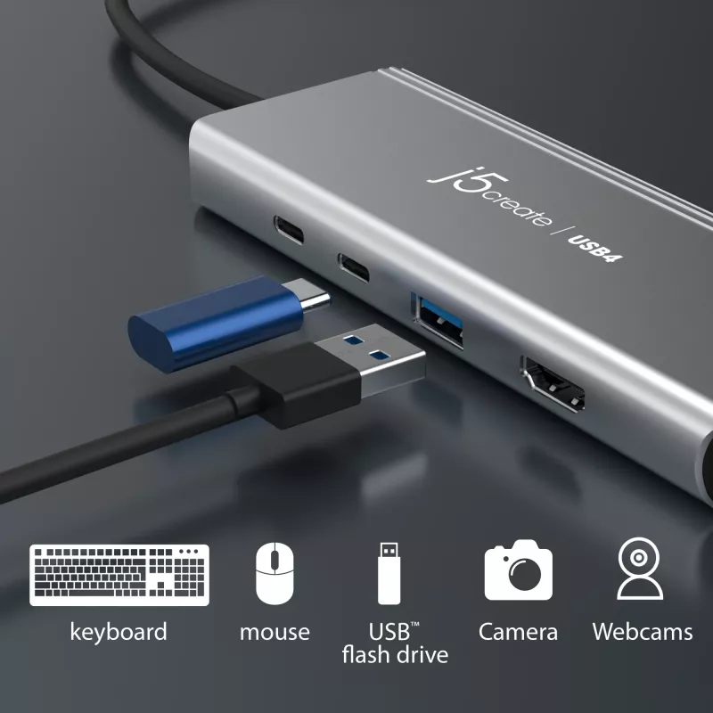 USB centrinis įrenginys j5create JCD401 Dual 4K Multi-Port Hub sidabrinis, laidinis USB 3.2 Gen 2