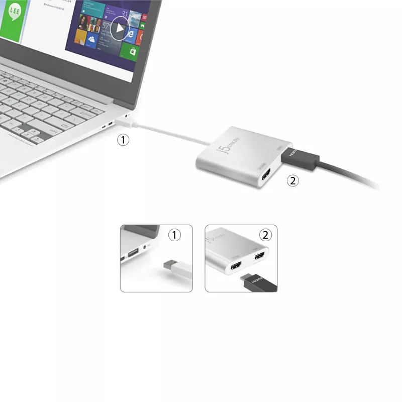 j5create JUA365 USB 3.0 į Dual HDMI kelių monitorių adapteris, sidabrinis