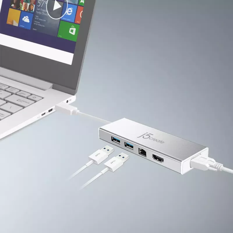j5create JUD380 USB 3.0 Mini Dock, 1x HDMI, 3x USB, sidabrinis