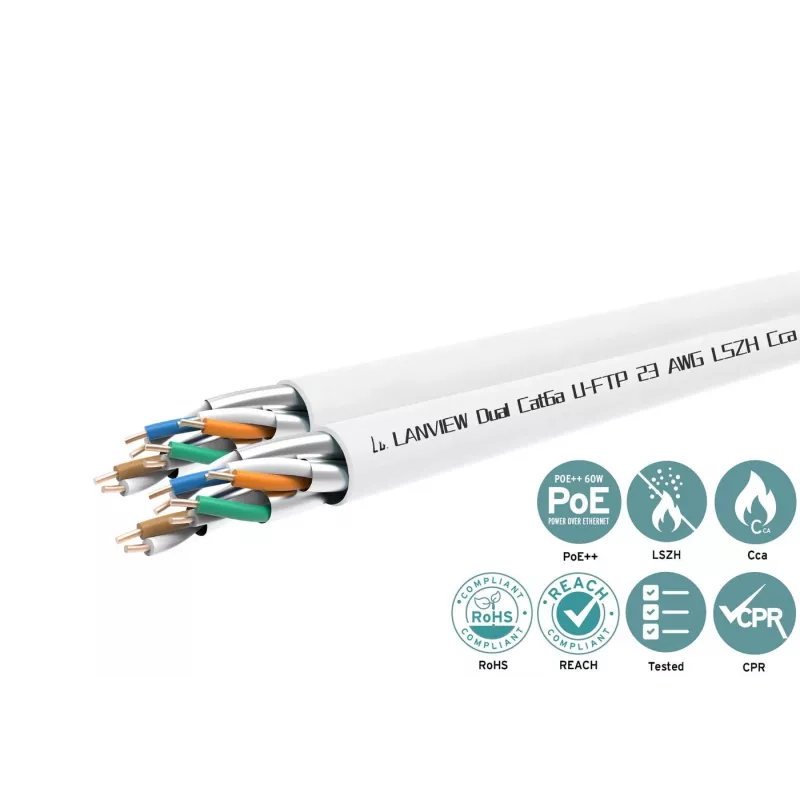 Cat6a U-FTP Dual tinklo kabelis 4x2xAWG23 LSZH baltas