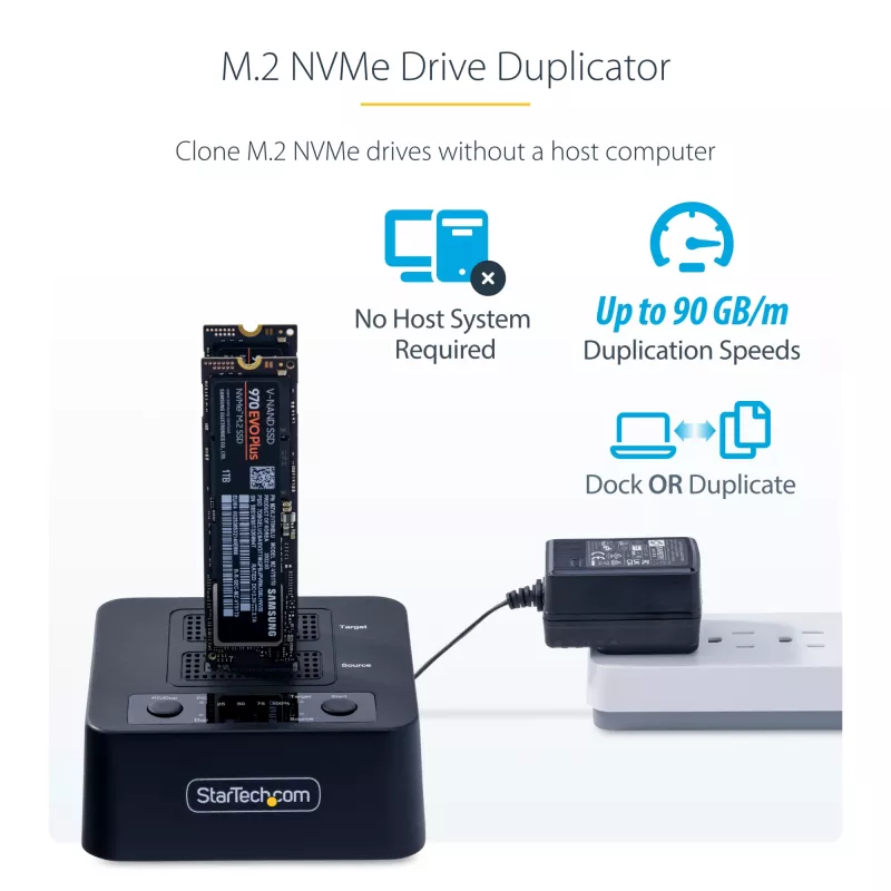 StarTech.com 1:1 M.2 NVMe diskų kopijavimo įrenginys, atskiras M.2 SSD kopijuoklis iki 90 GB/min, USB 3.2 20 Gbps M.2 dviejų lizdų dokas, su USB-C/A kabeliais