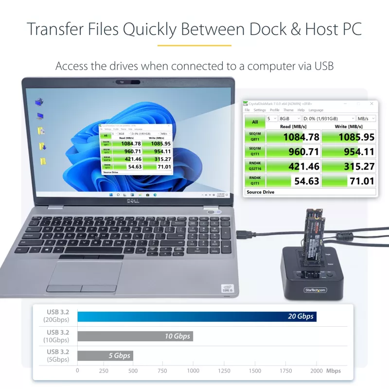 StarTech.com 1:1 M.2 NVMe diskų kopijavimo įrenginys, atskiras M.2 SSD kopijuoklis iki 90 GB/min, USB 3.2 20 Gbps M.2 dviejų lizdų dokas, su USB-C/A kabeliais