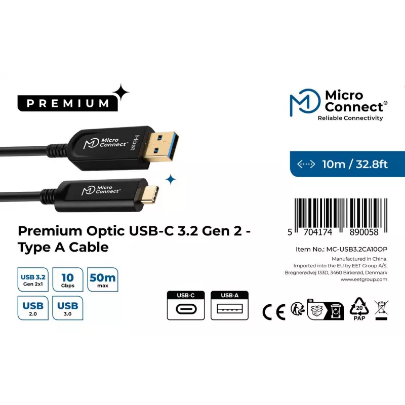 Microconnect MC-USB3.2CA10OP USB 3.2 Gen 2 aktyvus optinis laidas 10 m USB-A USB-C juodas