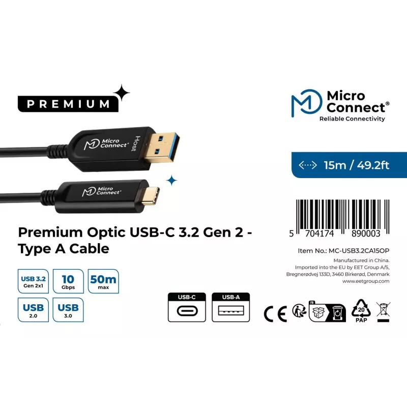 Microconnect MC-USB3.2CA15OP USB aktyvus optinis kabelis USB 3.2 Gen 2 15 m USB A / USB C juodas