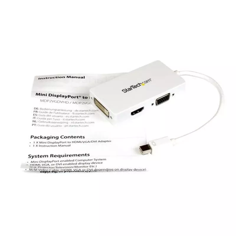 StarTech.com kelioninis A/V adapteris: 3-in-1 Mini DisplayPort į VGA, DVI arba HDMI keitiklis - baltas