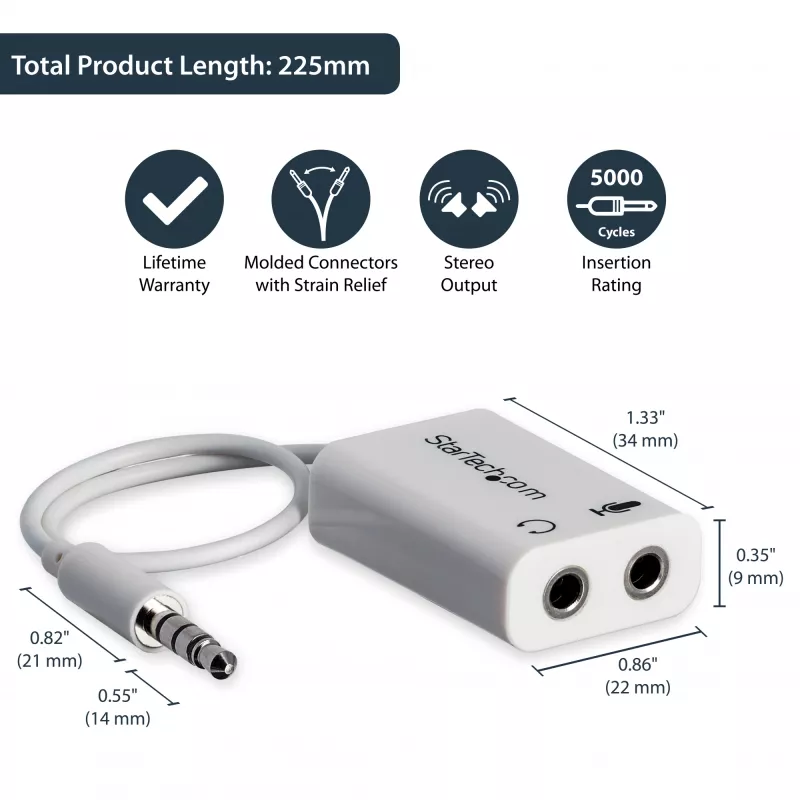 StarTech.com baltas ausinių adapteris ausinėms su atskirais ausinių / mikrofono kištukais - 3,5 mm 4 padėčių į 2x 3 padėčių 3,5 mm M/F
