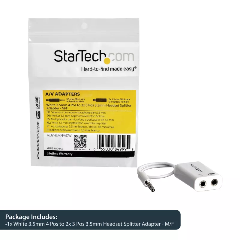 StarTech.com baltas ausinių adapteris ausinėms su atskirais ausinių / mikrofono kištukais - 3,5 mm 4 padėčių į 2x 3 padėčių 3,5 mm M/F