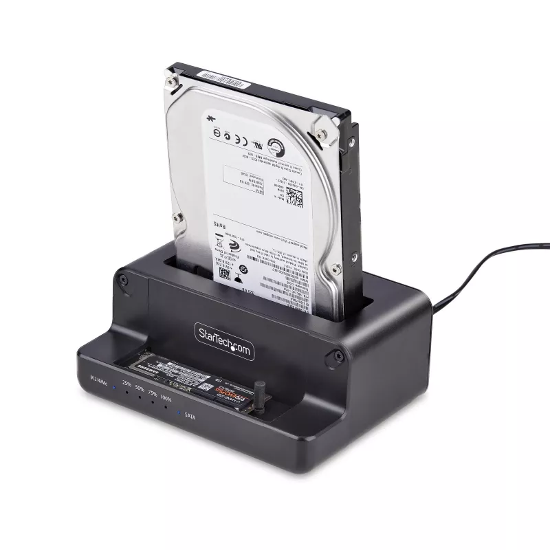 StarTech.com M.2 NVMe į 2,5/3,5 colio SATA diskų kopijavimo įrenginys, dviejų lizdų atskiras SSD klonavimo įrenginys / diskų dokas, dvikryptis NVMe į SATA / SATA į NVMe, iki 27 GB/min, TAA