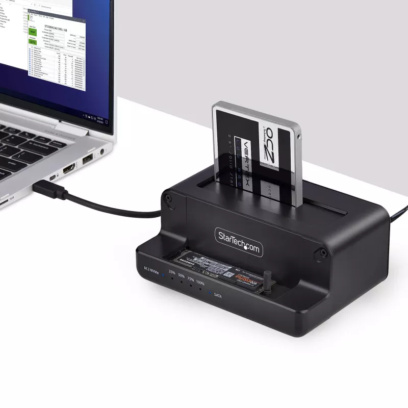 StarTech.com M.2 NVMe į 2,5/3,5 colio SATA diskų kopijavimo įrenginys, dviejų lizdų atskiras SSD klonavimo įrenginys / diskų dokas, dvikryptis NVMe į SATA / SATA į NVMe, iki 27 GB/min, TAA