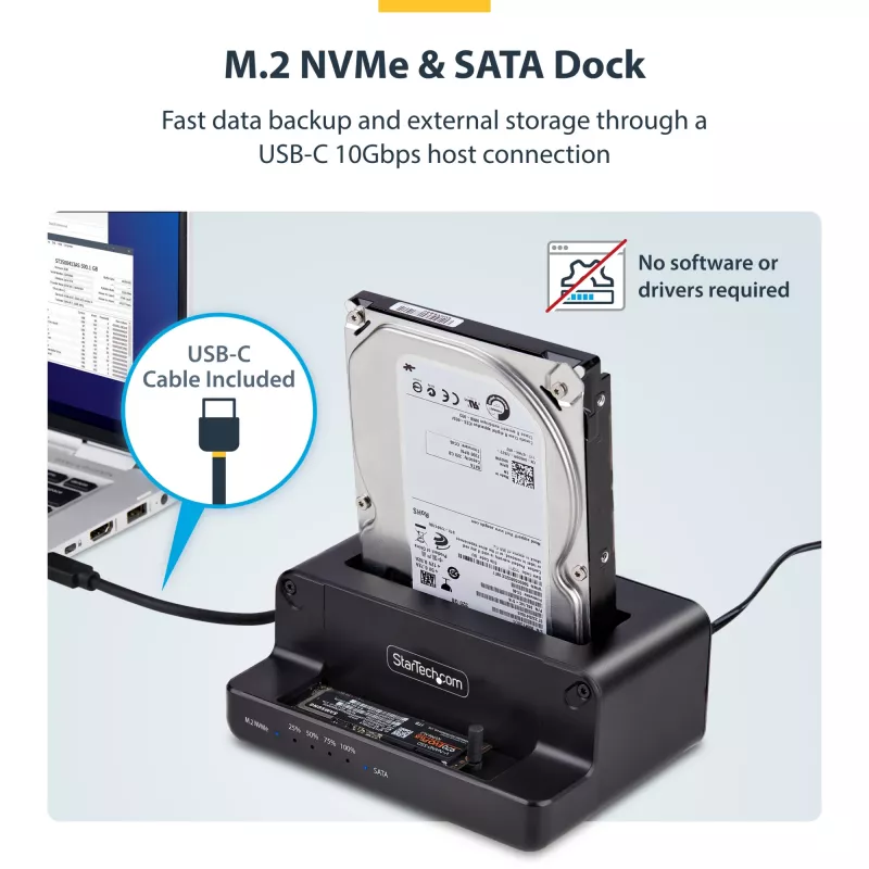 StarTech.com M.2 NVMe į 2,5/3,5 colio SATA diskų kopijavimo įrenginys, dviejų lizdų atskiras SSD klonavimo įrenginys / diskų dokas, dvikryptis NVMe į SATA / SATA į NVMe, iki 27 GB/min, TAA