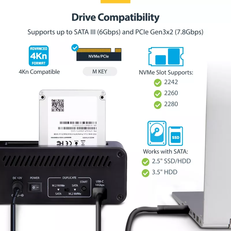 StarTech.com M.2 NVMe į 2,5/3,5 colio SATA diskų kopijavimo įrenginys, dviejų lizdų atskiras SSD klonavimo įrenginys / diskų dokas, dvikryptis NVMe į SATA / SATA į NVMe, iki 27 GB/min, TAA