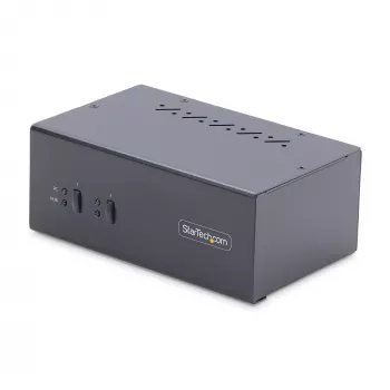 StarTech.com 2 prievadų dviejų monitorių DisplayPort KVM jungiklis, 4K 60Hz, 2x USB 5Gbps šakotuvas, 2x USB 2.0 HID prievadai, perjungimas klavišais ir mygtukais, atitinka TAA, 3 lygio ESD apsauga