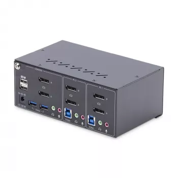 StarTech.com 2 prievadų dviejų monitorių DisplayPort KVM jungiklis, 4K 60Hz, 2x USB 5Gbps šakotuvas, 2x USB 2.0 HID prievadai, perjungimas klavišais ir mygtukais, atitinka TAA, 3 lygio ESD apsauga