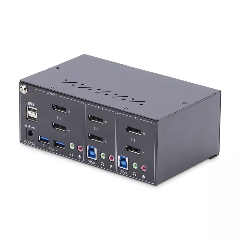 StarTech.com 2 prievadų dviejų monitorių DisplayPort KVM jungiklis, 4K 60Hz, 2x USB 5Gbps šakotuvas, 2x USB 2.0 HID prievadai, perjungimas klavišais ir mygtukais, atitinka TAA, 3 lygio ESD apsauga