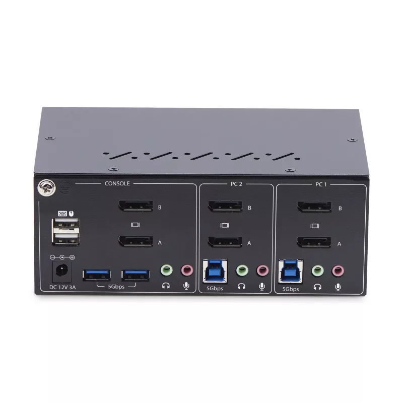 StarTech.com 2 prievadų dviejų monitorių DisplayPort KVM jungiklis, 4K 60Hz, 2x USB 5Gbps šakotuvas, 2x USB 2.0 HID prievadai, perjungimas klavišais ir mygtukais, atitinka TAA, 3 lygio ESD apsauga
