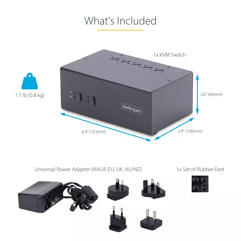StarTech.com 2 prievadų dviejų monitorių DisplayPort KVM jungiklis, 4K 60Hz, 2x USB 5Gbps šakotuvas, 2x USB 2.0 HID prievadai, perjungimas klavišais ir mygtukais, atitinka TAA, 3 lygio ESD apsauga