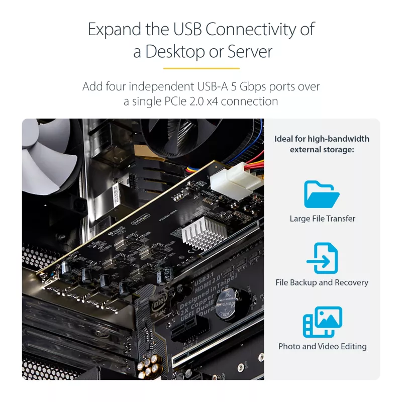 StarTech.com 4 prievadų USB PCIe kortelė, USB 3.2 5Gbps, PCI Express plėtimosi kortelė su 4 nepriklausomais USB valdikliais, 4x USB-A prievadai, Windows/macOS/Linux