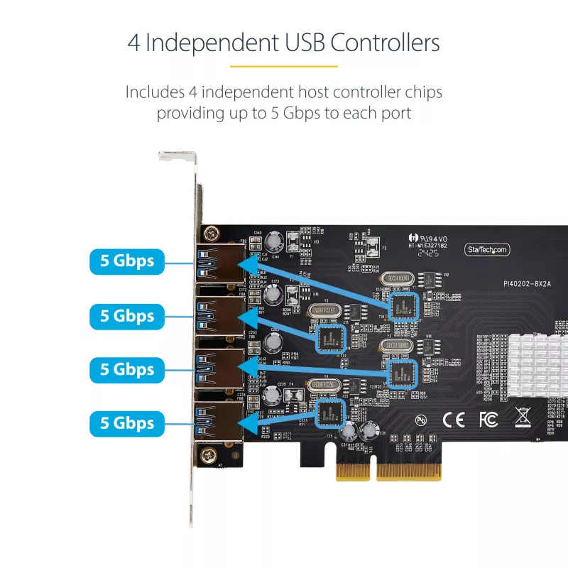 StarTech.com 4 prievadų USB PCIe kortelė, USB 3.2 5Gbps, PCI Express plėtimosi kortelė su 4 nepriklausomais USB valdikliais, 4x USB-A prievadai, Windows/macOS/Linux