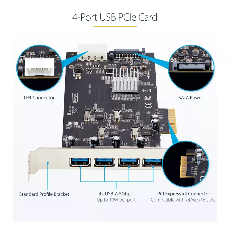 StarTech.com 4 prievadų USB PCIe kortelė, USB 3.2 5Gbps, PCI Express plėtimosi kortelė su 4 nepriklausomais USB valdikliais, 4x USB-A prievadai, Windows/macOS/Linux