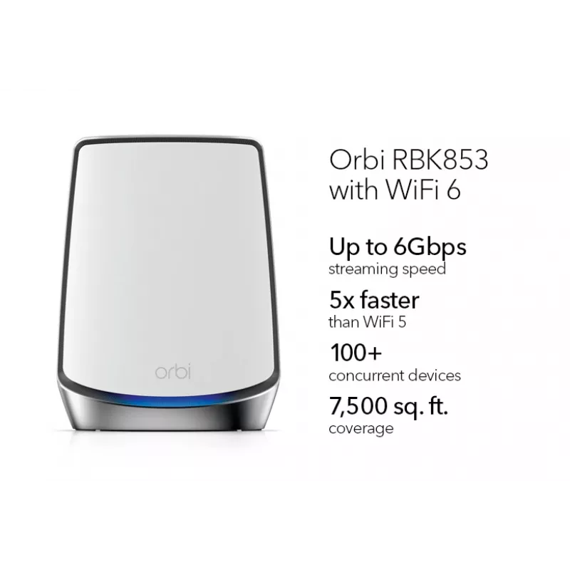 NETGEAR Orbi RBK853 AX6000 WiFi 6 tinklo sistema, trijų juostų (2,4 GHz / 5 GHz / 5 GHz), pilka