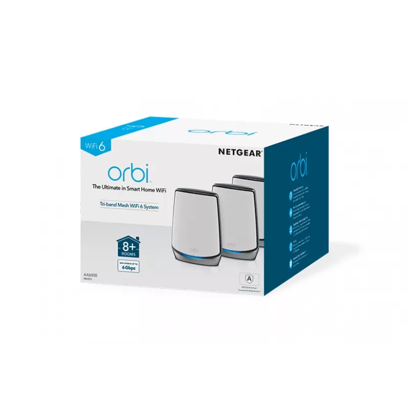 NETGEAR Orbi RBK853 AX6000 WiFi 6 tinklo sistema, trijų juostų (2,4 GHz / 5 GHz / 5 GHz), pilka