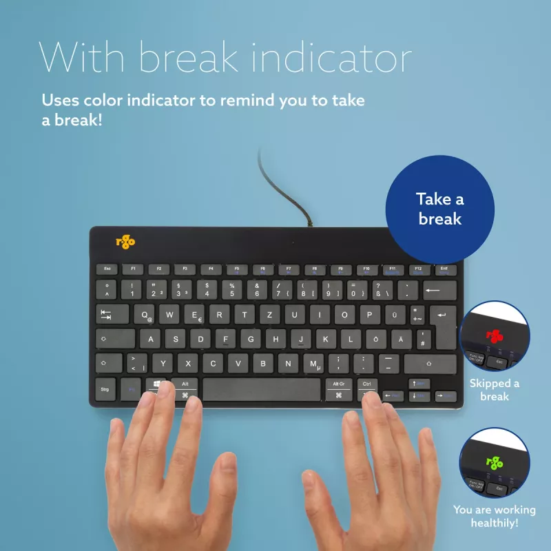 Ergonominė klaviatūra R-Go Compact Break, kompaktiška su pertraukų programine įranga, QWERTZ (DE), laidinė, juoda