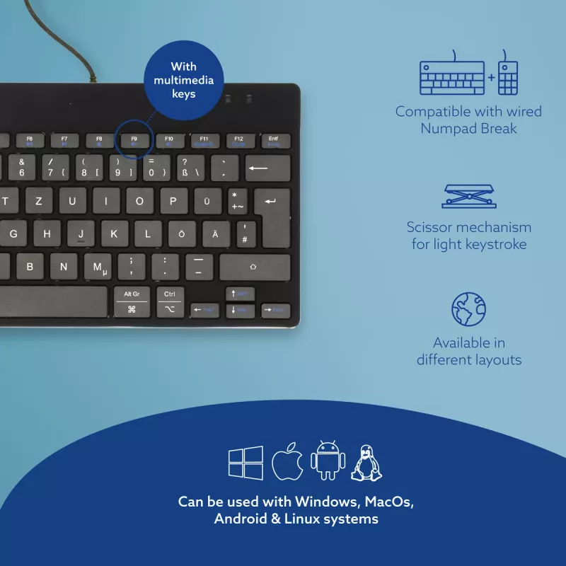 Ergonominė klaviatūra R-Go Compact Break, kompaktiška su pertraukų programine įranga, QWERTZ (DE), laidinė, juoda