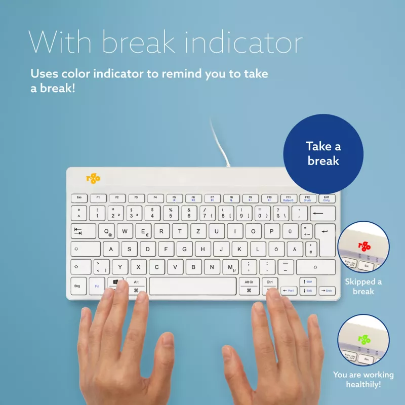 R-Go Tools ergonominė klaviatūra R-Go Compact Break, kompaktiška klaviatūra su pertraukų programine įranga, QWERTZ (DE), laidinė, balta