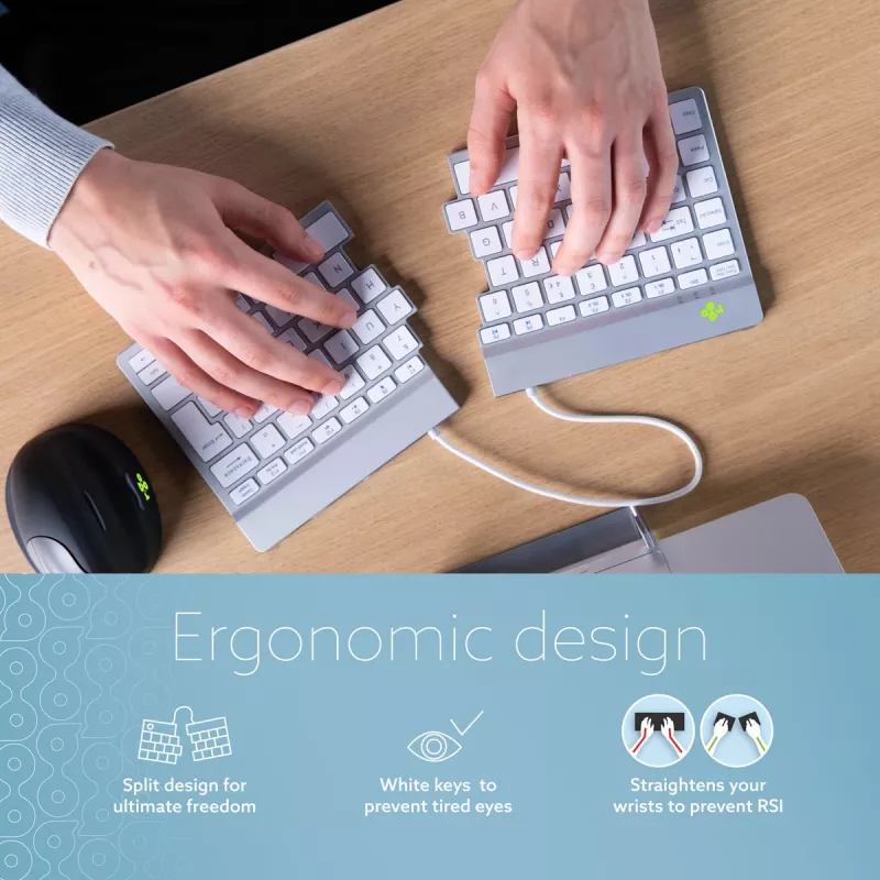 Ergonominė klaviatūra R-Go Split Break su pertraukų programine įranga, išskirta klaviatūra, QWERTZ (DE), Bluetooth, balta