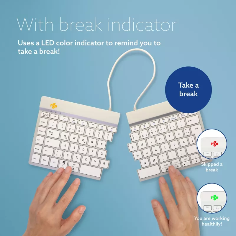Ergonominė klaviatūra R-Go Split Break su pertraukų programine įranga, išskirta klaviatūra, QWERTZ (DE), Bluetooth, balta