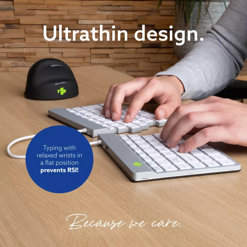 Ergonominė klaviatūra R-Go Split Break su pertraukų programine įranga, išskirta klaviatūra, QWERTZ (DE), Bluetooth, balta