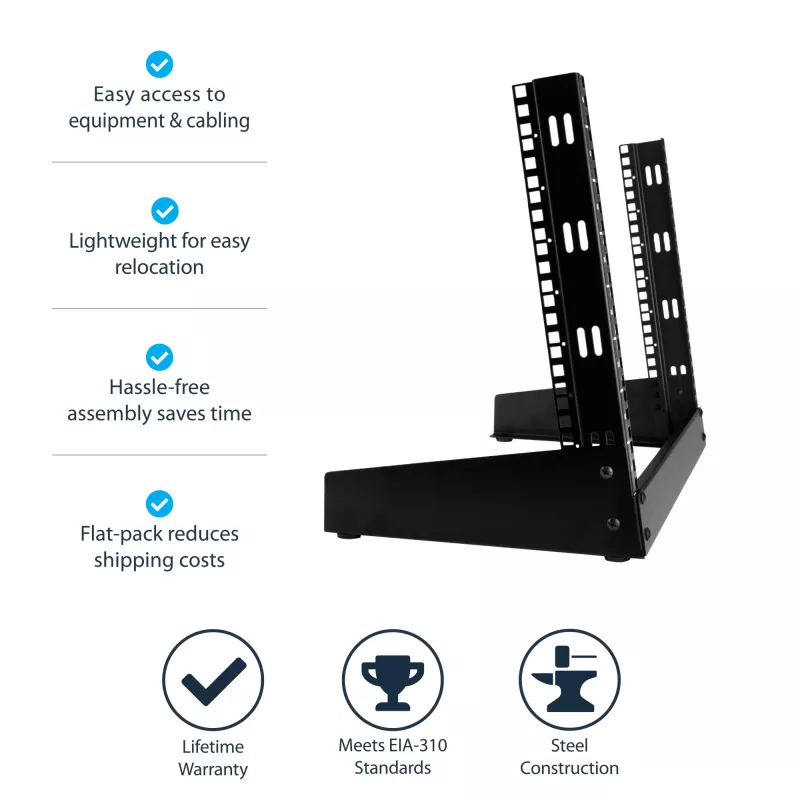 StarTech.com 2 stulpų 8U darbastalio serverio stovas, mažas atviras rėmas 19 colių kompiuterių stovas, kompaktiškas tinklo stovas AV / studijos / duomenų / IT įrangai - laisvai pastatomas dviejų stulpų namų / biuro stovas