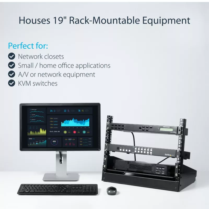 StarTech.com 2 stulpų 8U darbastalio serverio stovas, mažas atviras rėmas 19 colių kompiuterių stovas, kompaktiškas tinklo stovas AV / studijos / duomenų / IT įrangai - laisvai pastatomas dviejų stulpų namų / biuro stovas