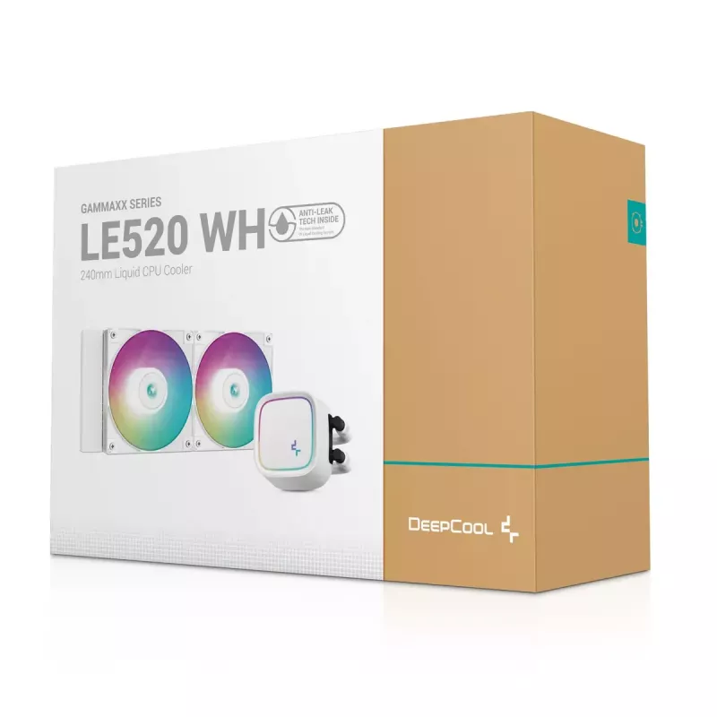 Vandens aušintuvas DeepCool LE520 WH — 120 mm ventiliatorius, 220 W TDP, baltas, palaiko LGA 1150/1151/1155/1200/1700 ir AM4/AM5