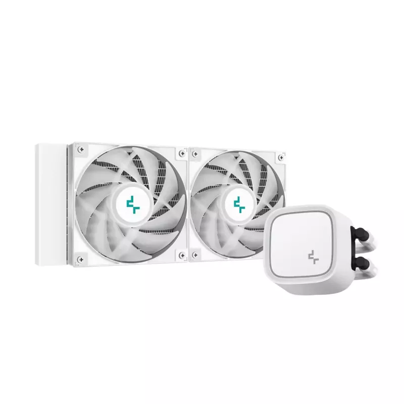 Vandens aušintuvas DeepCool LE520 WH — 120 mm ventiliatorius, 220 W TDP, baltas, palaiko LGA 1150/1151/1155/1200/1700 ir AM4/AM5