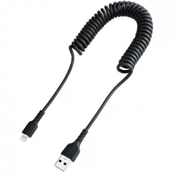 StarTech.com 1 m USB į Lightning laidas, MFi sertifikuotas, spiralinis iPhone įkrovimo laidas, juodas, patvarus TPE apvalkalas su aramidiniu pluoštu