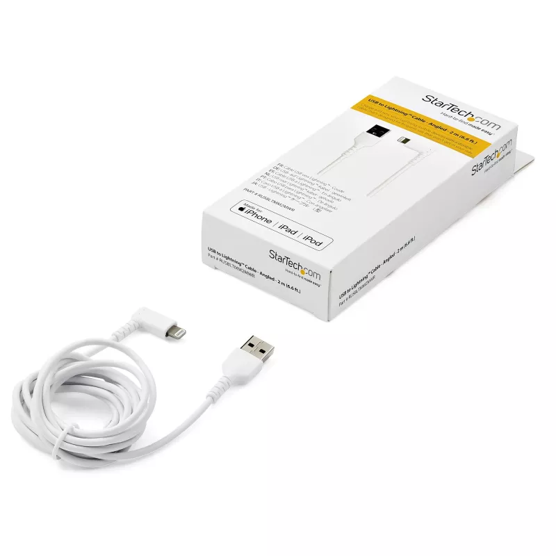 StarTech.com 2 m USB A į Lightning laidas, baltas, 90° stačiu kampu, armuotas aramidiniu pluoštu, Apple MFi sertifikuotas