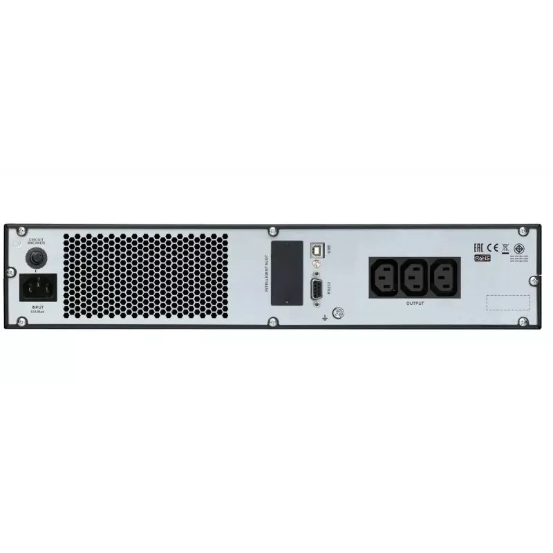 APC Easy UPS On-Line, 1000VA/800W, montuojamas į stelažą 2U, 230V, 3x IEC C13 lizdai, išmanusis lizdas, LCD, be bėgių komplekto