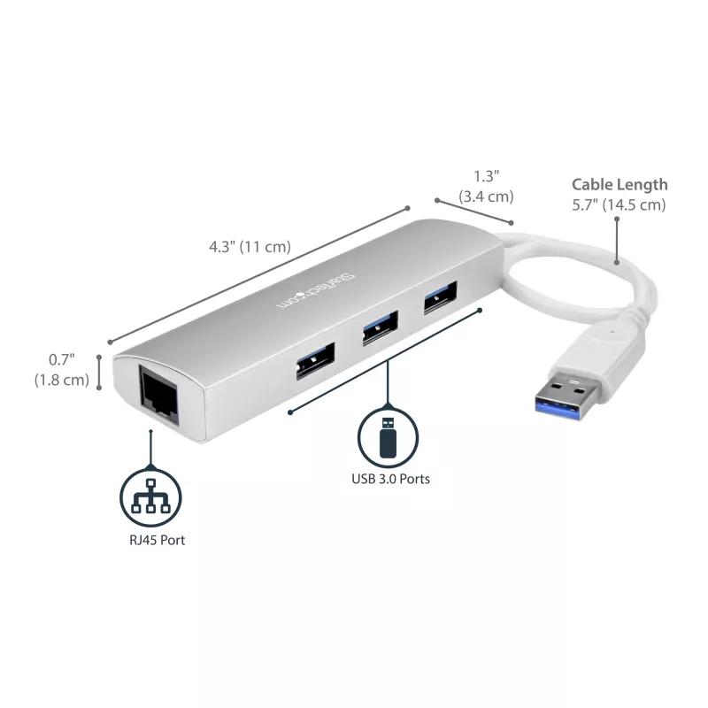 StarTech.com 3 prievadų nešiojamas USB 3.0 šakotuvas su Gigabit Ethernet – įmontuotu kabeliu