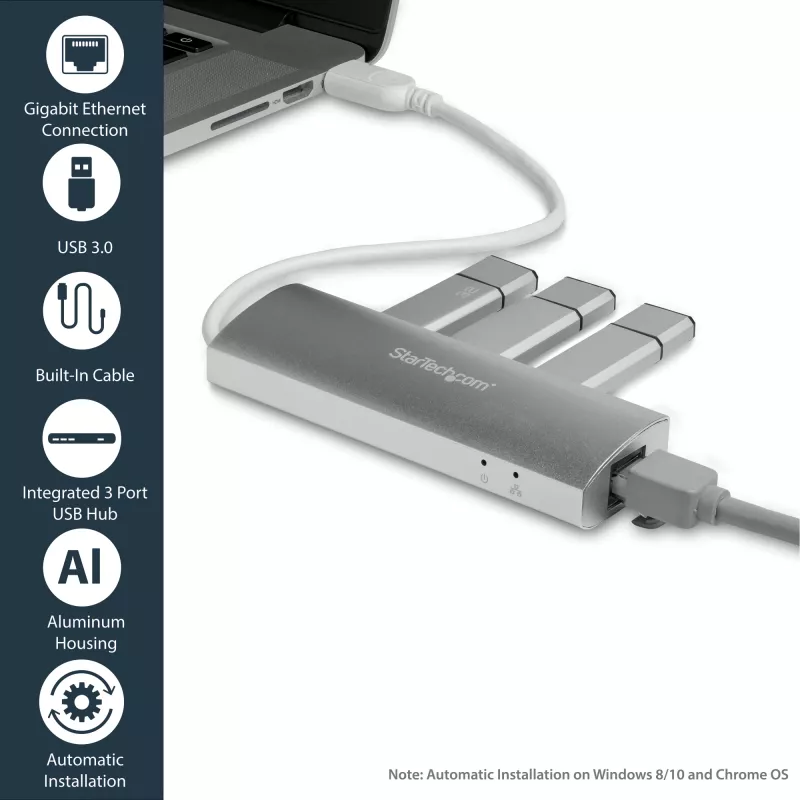 StarTech.com 3 prievadų nešiojamas USB 3.0 šakotuvas su Gigabit Ethernet – įmontuotu kabeliu