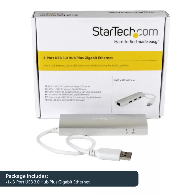 StarTech.com 3 prievadų nešiojamas USB 3.0 šakotuvas su Gigabit Ethernet – įmontuotu kabeliu